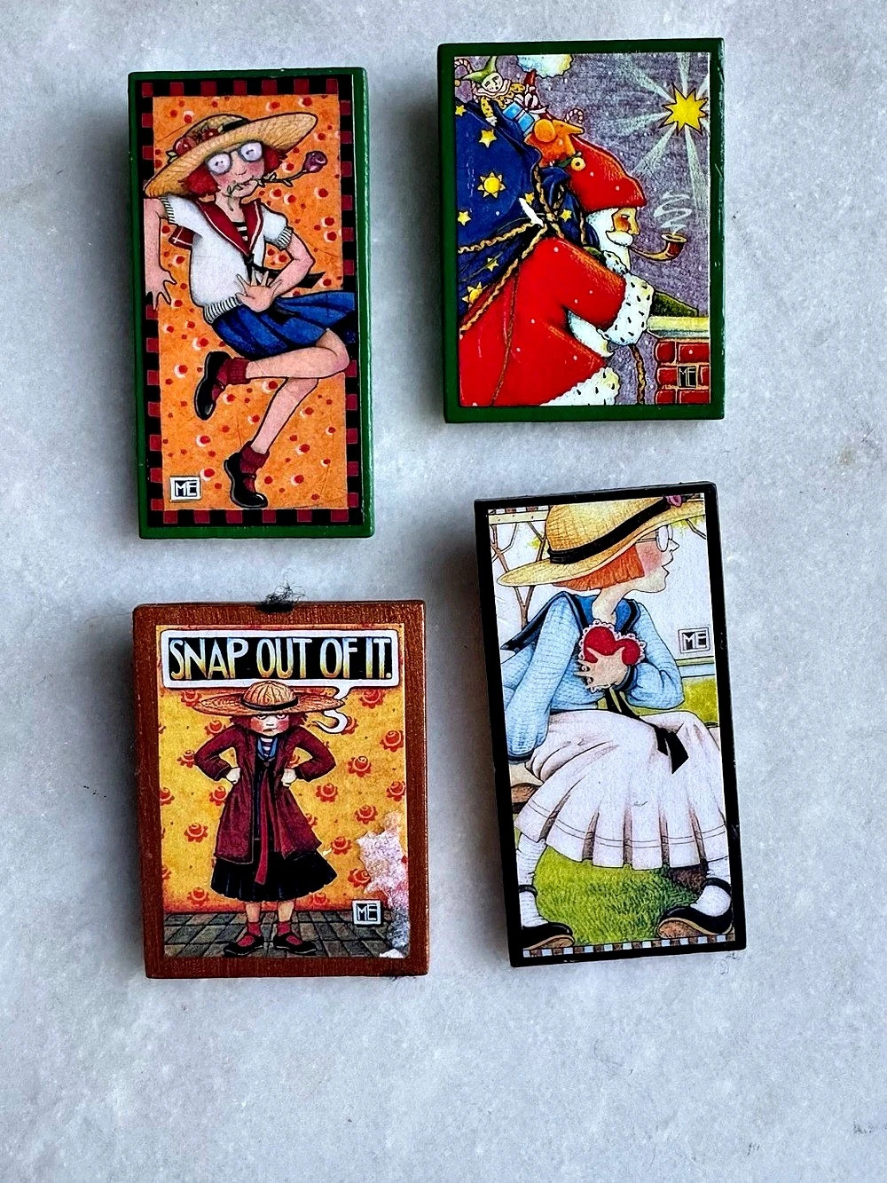 Vintage Mary Engelbreit ME Designs Wooden Brooch Pins Set of 4 Folk Art